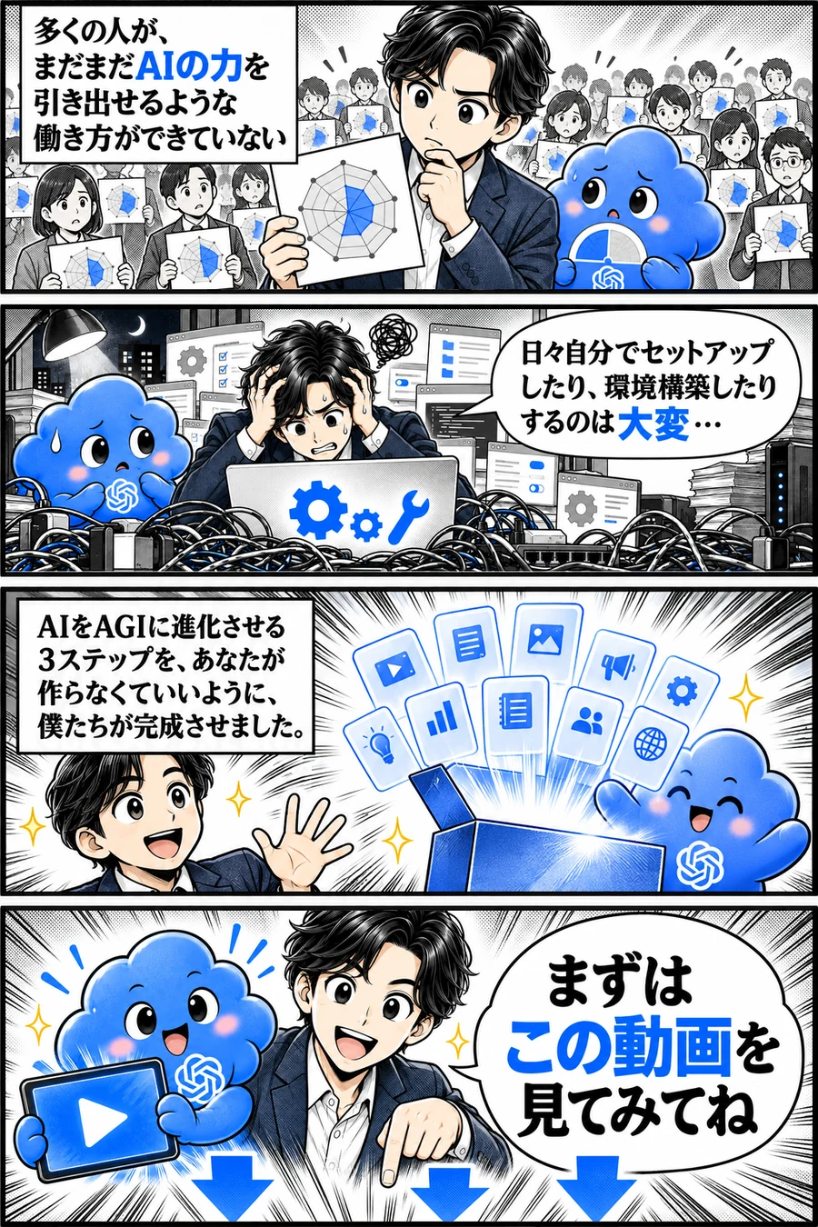 4コマ：多くの人が、まだまだAIの力を引き出せるような働き方ができていない／日々自分でセットアップしたり、環境構築したりするのは大変…／AIをAGIに進化させる3ステップを、あなたが作らなくていいように、僕たちが完成させました。（スライド36枚目）／まずはこの動画を見てみてね